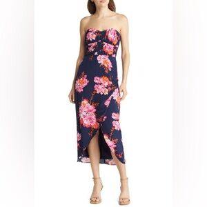 Charles Henry Floral Strapless Midi Dress in Navy Bouquet 🌺